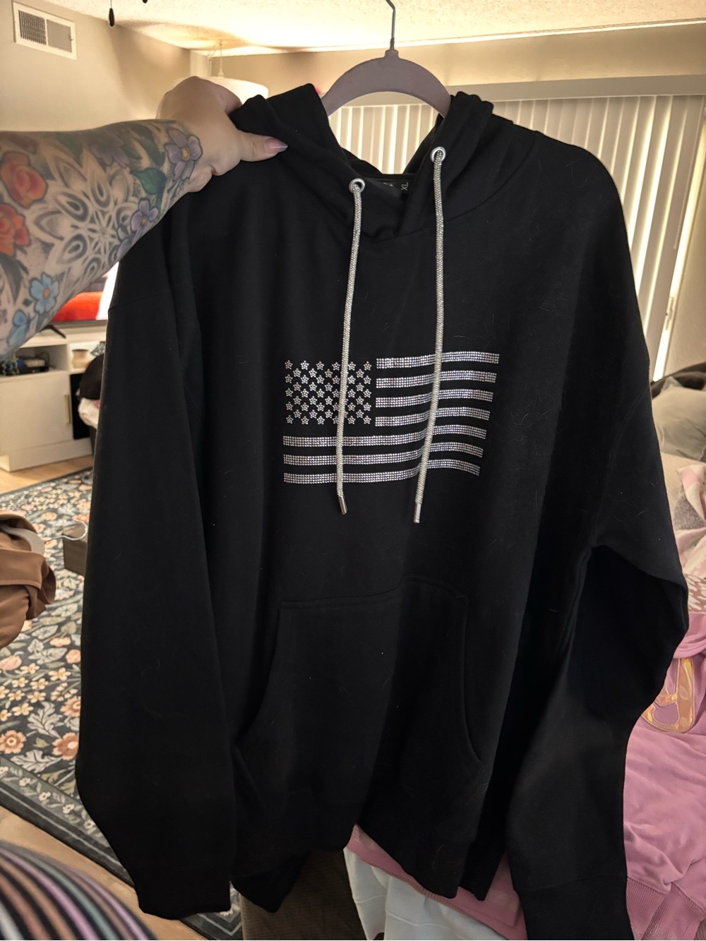 Black Men's/womens Hoodie with Embellished Flag